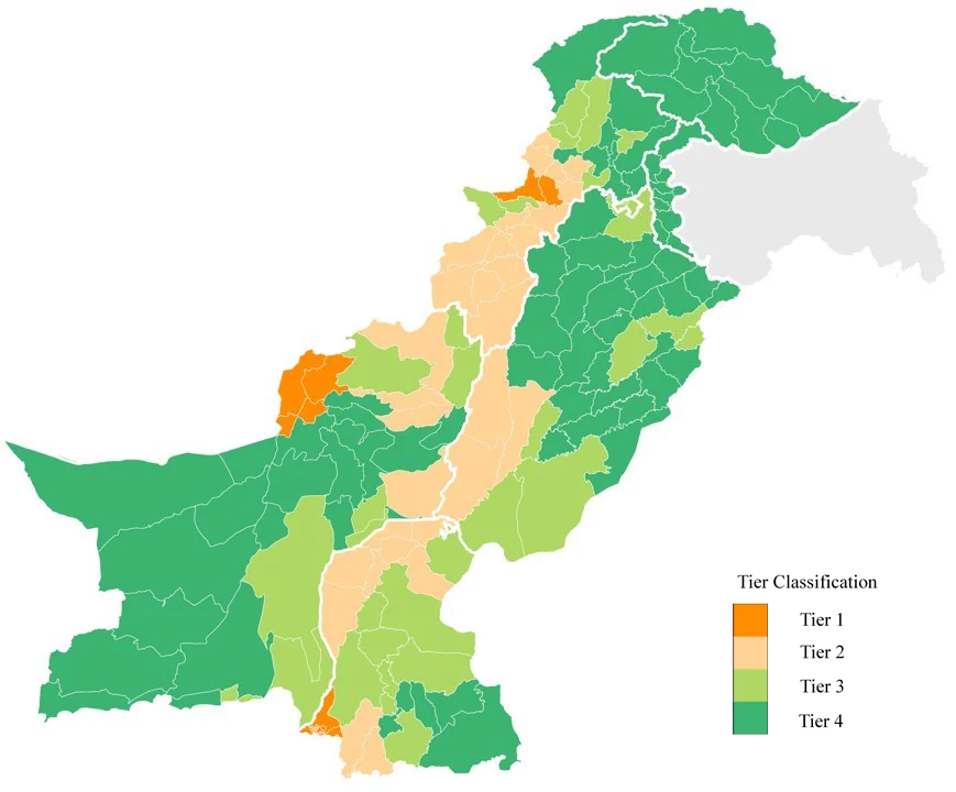 tier classification of districts is shown on the map